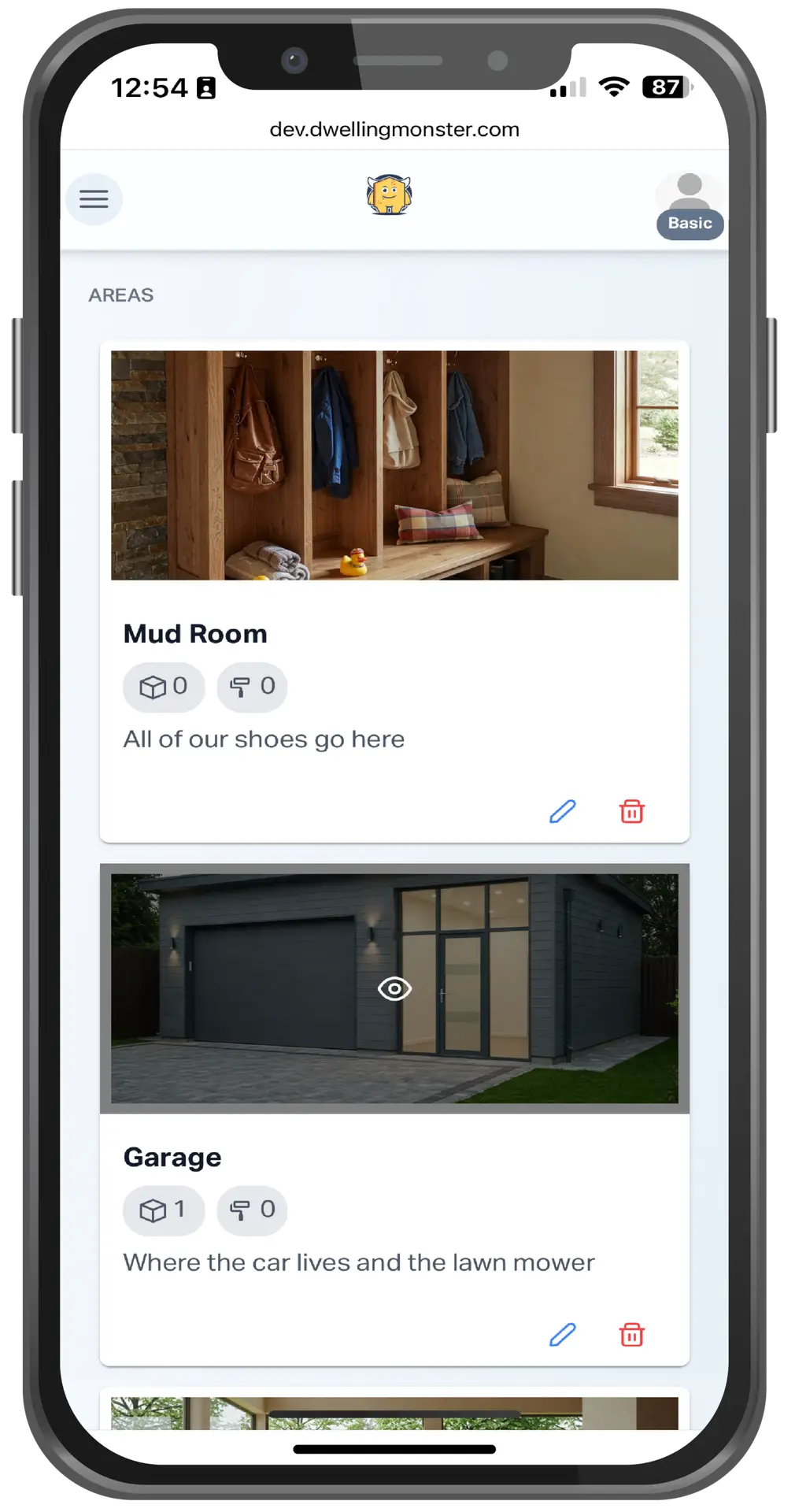 An iphone image of areas in a home on DWELLING Monster.