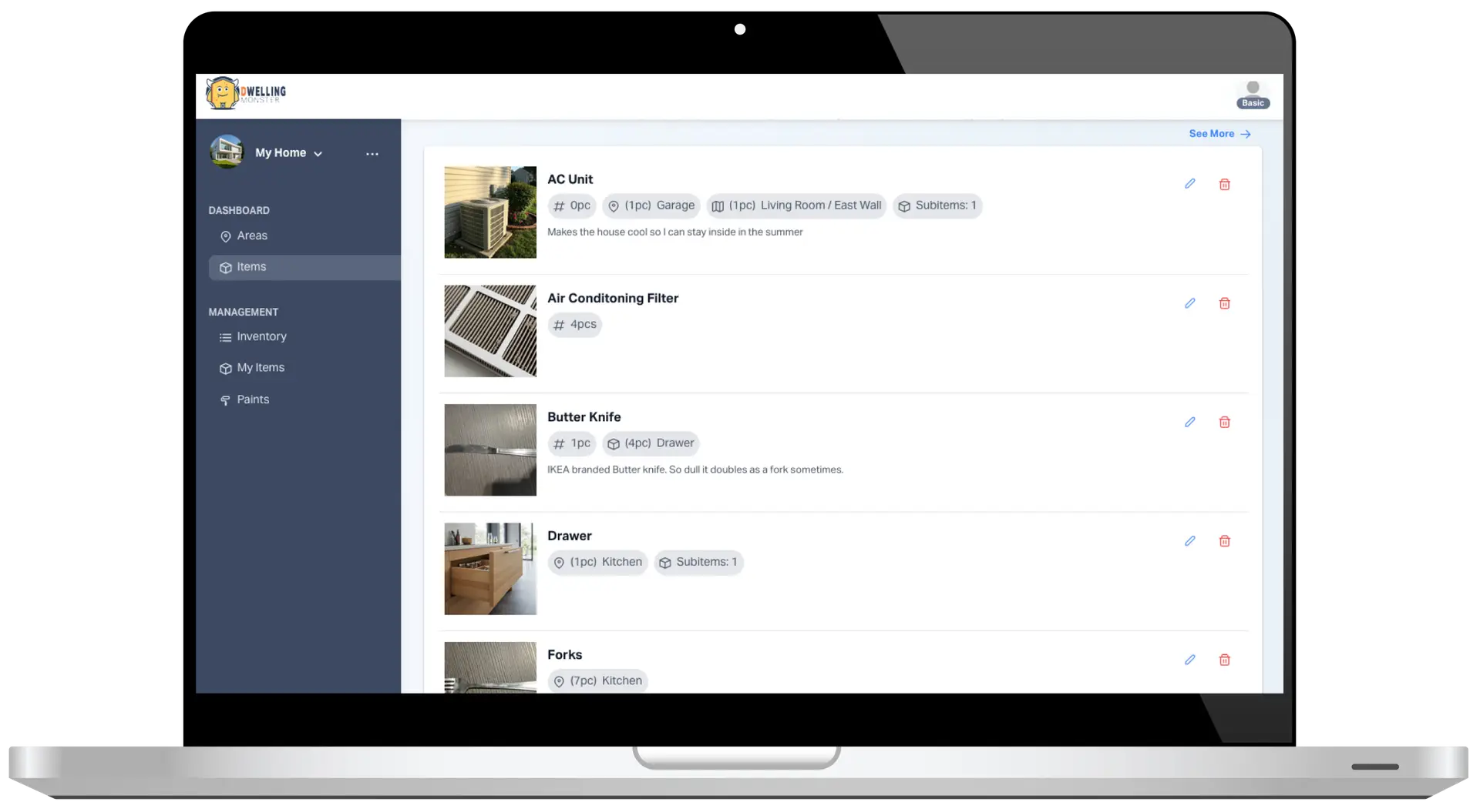 DWELLING Monster showing an inventory list of Items you own in a home.