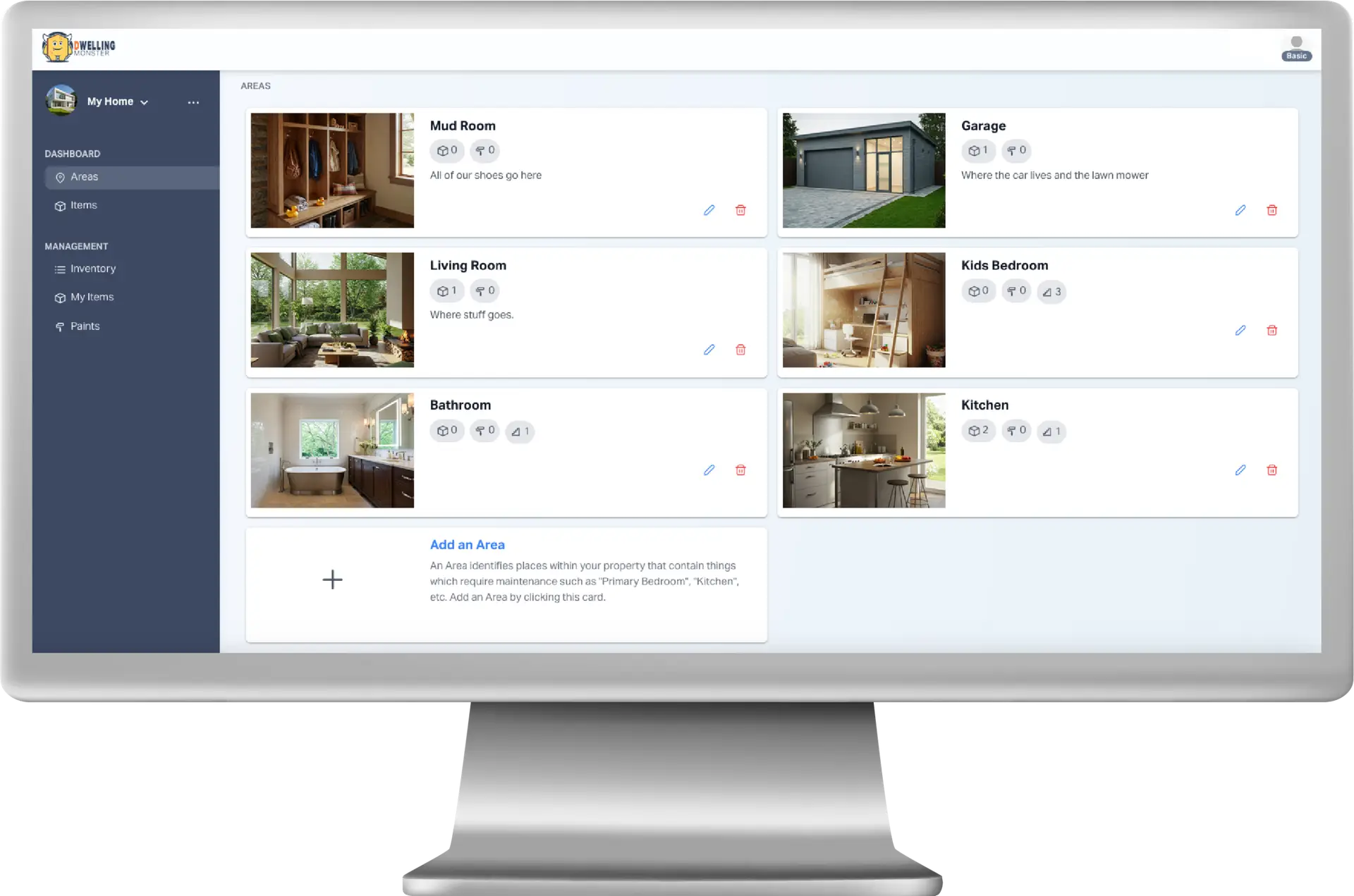 DWELLING Monster showing an inventory screen of all the areas in a home.