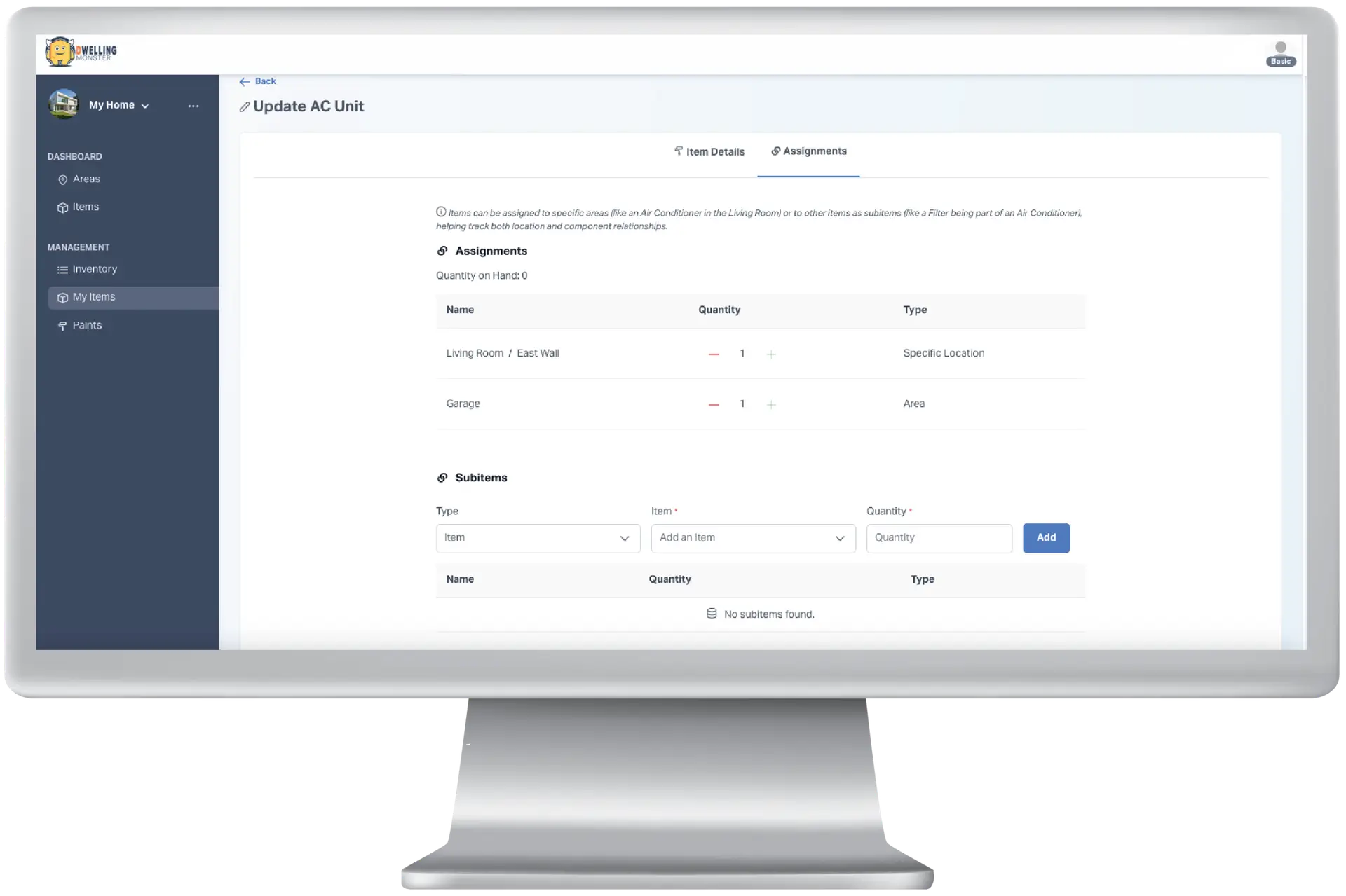 DWELLING Monster showing how easy it is to assign items you have created in your home, and assigning them to areas.