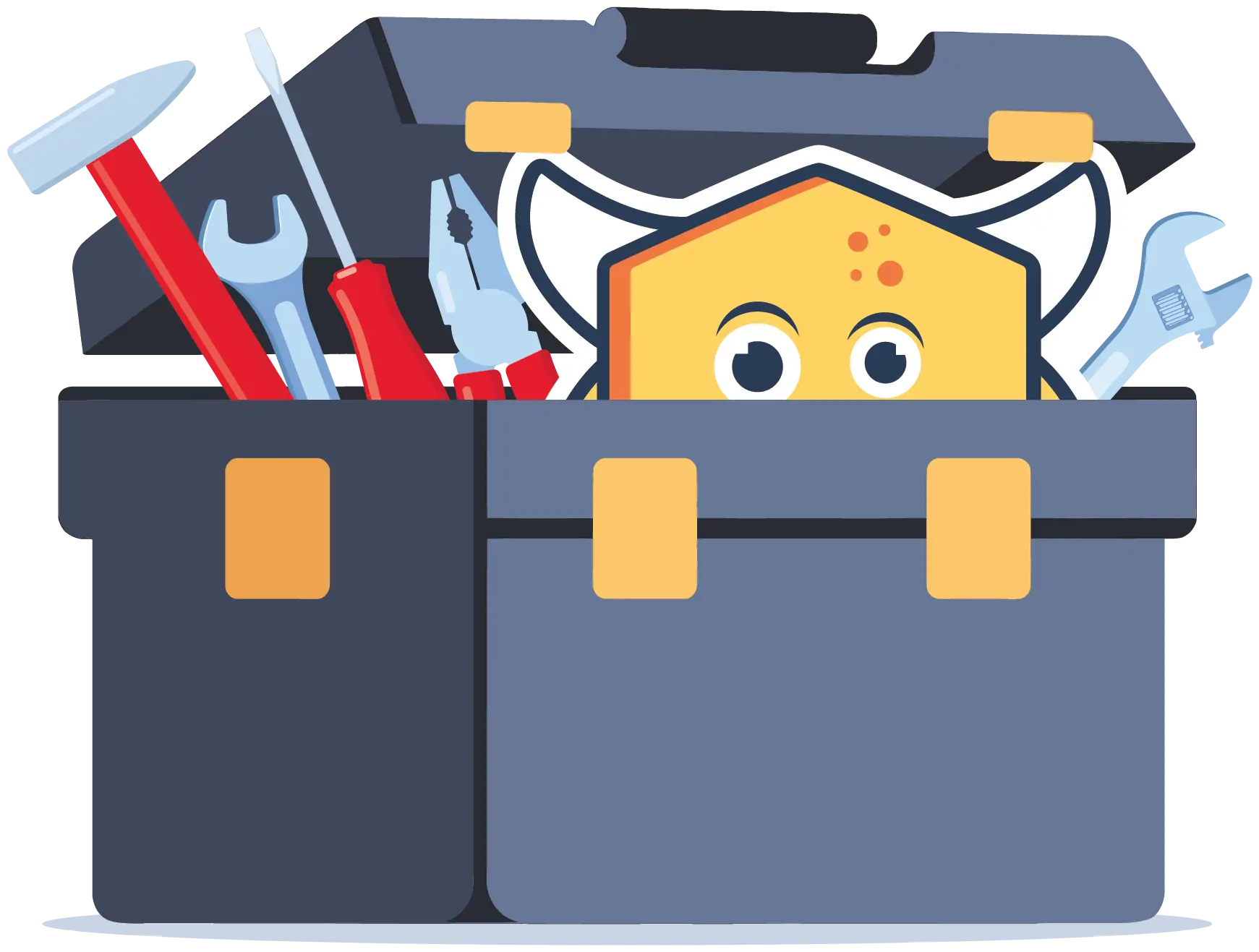 Moxie peaking out of his Home Improvement Toolbox.