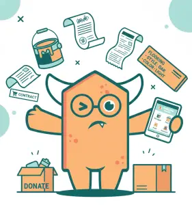 Ziggy dealing with a mess of home improvement paperwork needing clarity.